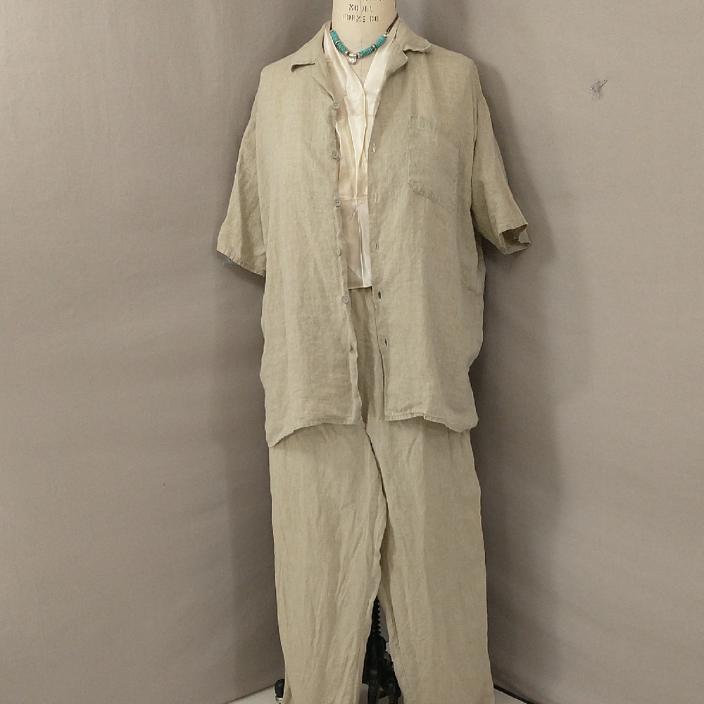 Flax 100% Linen Pant Set Short Sleeve Shirt Top Natural Neutral See Measurements